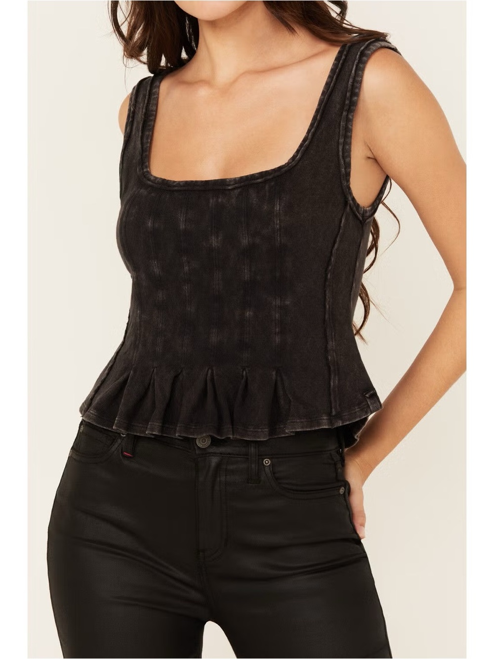 Free People Washed Black Ribbed Peplum Tank